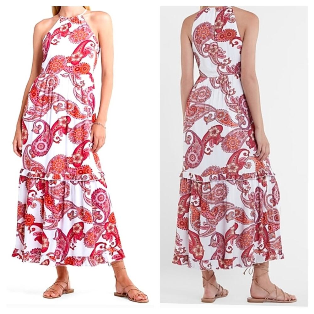 Express Paisley Halter Maxi Dress sz S White Pink Multicolor Tiered Boho NEW - Picture 16 of 16